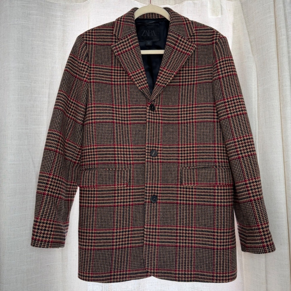 Zara Wool Blend Glen Plaid Jacket Oversized Brown‎ Black Red Size Extra Small XS